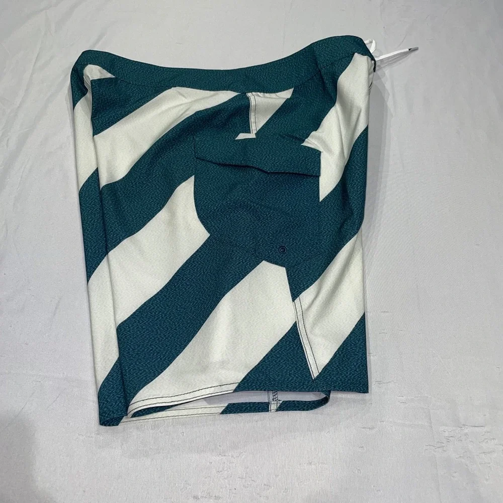 Volcom Mens Teal White Striped Board Shorts Swim Trunks Size 33